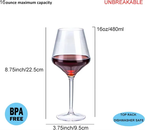 Vista 2 de Copas de vino de plástico con tallo de 16 onzas, vasos acrílicos multiusos, juego de 6 unidades, transparentes, reutilizables, resistentes a