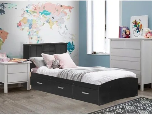 Vista 9 de Pemberly Row Moderna cama de madera tamaño individual con cajones, acabado negro, madera fabricada, cabecera de estantería, resistente a
