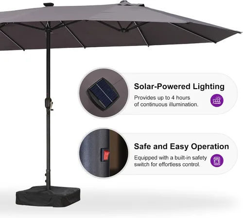 Vista 30 de PURPLE LEAF - Sombrilla de mercado de patio de 13 pies con base rectangular doble cara, sombrilla de mesa para exteriores con manivela, 12 varillas