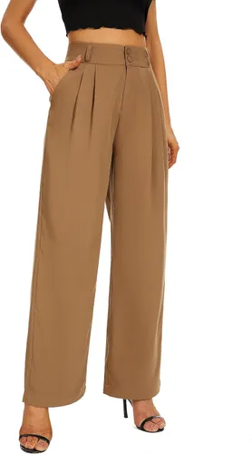 Vista 4 de FUNYYZO Pantalones de vestir de pierna ancha de cintura alta para mujer, plisados, cintura ancha, cintura elástica, pantalones casuales