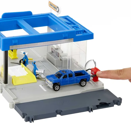 Vista 3 de Matchbox Action Drivers Auto Shop Playset con 1 Chevy Silverado, piezas móviles y figuras, juguete para niños de 3 años en adelante