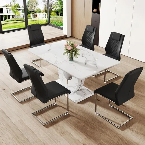 Vista 92 de JUFU Juego de mesa de comedor moderno para 4, juego de mesa de cocina rectangular de 63 pulgadas con mesa de mármol sintético y 4 sillas tapizadas