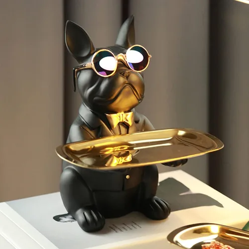Vista 3 de Resin Bulldog Tray Statue Animal Sculpture Storage Bank Coin Dog French Table Home Candy for Decorations Home Decor Office Cute Butler Statues(Black)