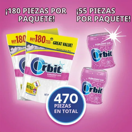 Vista 6 de ORBIT Bubblemint - Goma de mascar sin azúcar, paquete a granel, 2 bolsas, 180 piezas y 2 botellas, 55 unidades de goma de mascar