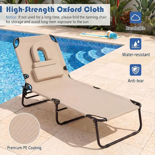 Vista 9 de Goplus Silla bronceadora, silla de playa plegable con orificio para la cara, almohada extraíble, capacidad de 350 libras, correa de transporte
