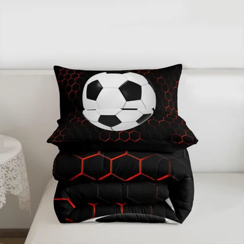 Vista 7 de Juego de edredón de panal negro y rojo para adolescentes, jóvenes y adultos, juego de ropa de cama de fútbol y fútbol, juegos de edredón hexagonales