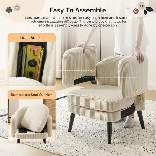 Vista 5 de VINGLI Sillón de Acento Moderno Tipo Barril de 30.3" de Ancho con Reposabrazos Track, Patas de Madera Sólida, Cómoda Silla Club Tapizada, Sofá