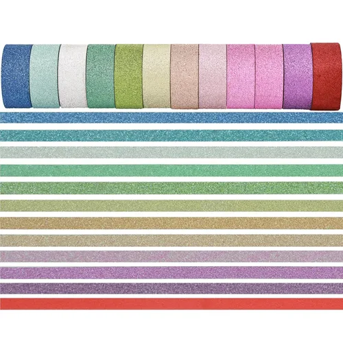 Vista 7 de YUKUNTANG Juego de cinta adhesiva Washi con purpurina, 24 rollos, 3mm x 120,6 metros, cinta adhesiva decorativa de lámina metálica brillante