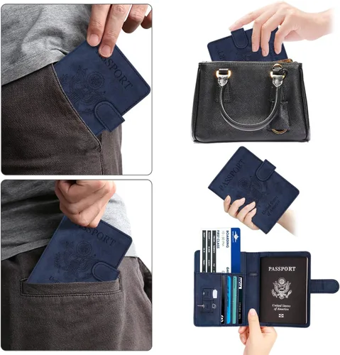 Vista 6 de WALNEW Funda para pasaporte funda para pasaporte tarjeta cartera E-azul marino Estilo E