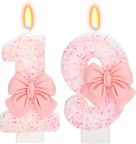 Vista 54 de Vela de cumpleaños para pastel, vela 0 - purpurina rosa con lazo, vela de feliz cumpleaños de 2.76 pulgadas, adorno superior de pastel para fiestas