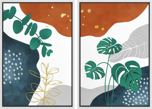 Vista 33 de SIGNFORD Lienzo enmarcado para pared, juego de arte geométrico retro de mediados de siglo, plantas forestales, ilustraciones con formas abstractas