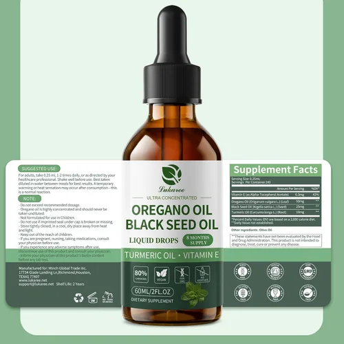 Vista 9 de Aceite de orégano con aceite de semilla negra, gotas de aceite de orégano 4 en 1 con aceite de cúrcuma y vitamina E, 80% Carvacrol, inmune