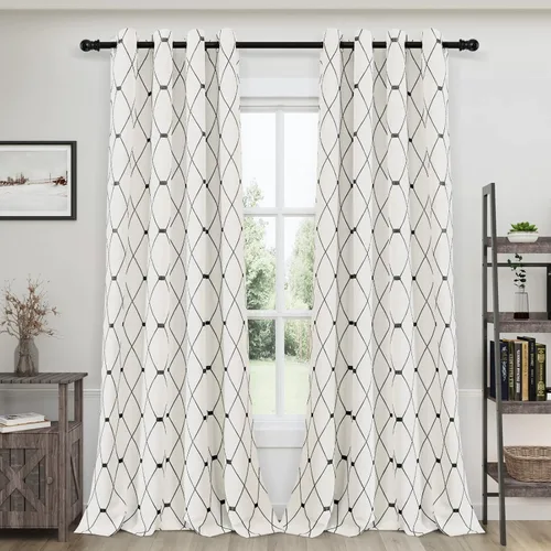 Vista 20 de Joywell Cortinas jacquard con ojales para sala de estar, 108 pulgadas de largo, línea ondulada negra con patrón de puntos, cortinas bordadas
