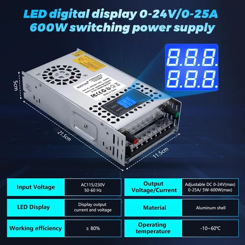 Vista 2 de Fuente de alimentación CC ajustable de 24V 600W, fuente de alimentación conmutable CA 110V/220V a CC 0-24V convertidor CC con pantalla digital LED