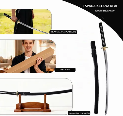 Vista 3 de Katana afilada hecha a mano, arcilla tradicional de acero templado 1060/9260/T10, espada Katana real de espiga completa, auténtica espada samurái
