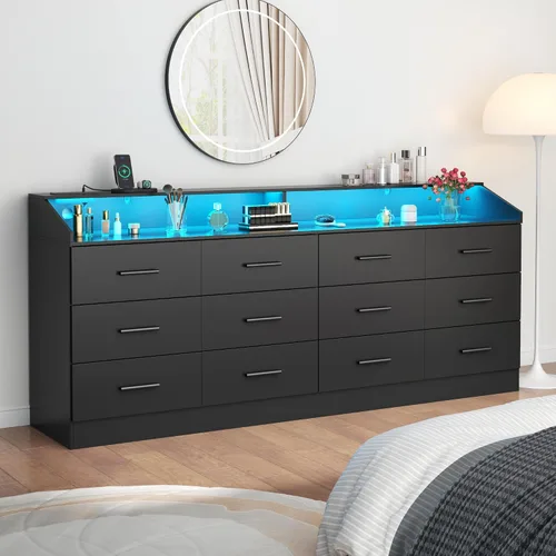 Vista 10 de Gyfimoie Cómoda de 6 cajones con toma de corriente, cómoda con luz LED, cómoda moderna con cubículo de almacenamiento abierto, organizador de Negro