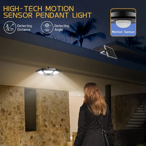 Vista 3 de Deogos Luces colgantes solares, luces solares de doble cabezal con sensor de movimiento para exteriores, 180 luces LED solares para interiores