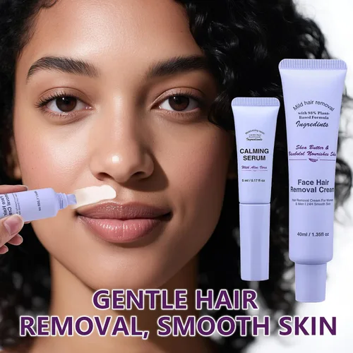 Vista 2 de Crema depilatoria facial para mujeres, kit de cremas depilatorias faciales suaves con raspado, suero calmante, crema removedor de vello corporal