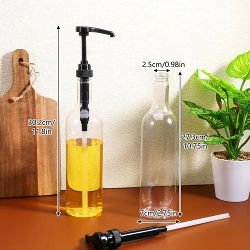 Vista 3 de Paquete de 6 botellas de jarabe de café de 25 onzas con bomba, botellas dispensadoras de jarabe de plástico de cuello largo, accesorios de barra
