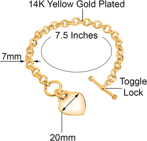 Vista 3 de Savlano Pulsera chapada en oro de 14 quilates con dije de corazón, pulsera de cadena Rolo de 7.5 pulgadas, viene con caja de regalo para mujer