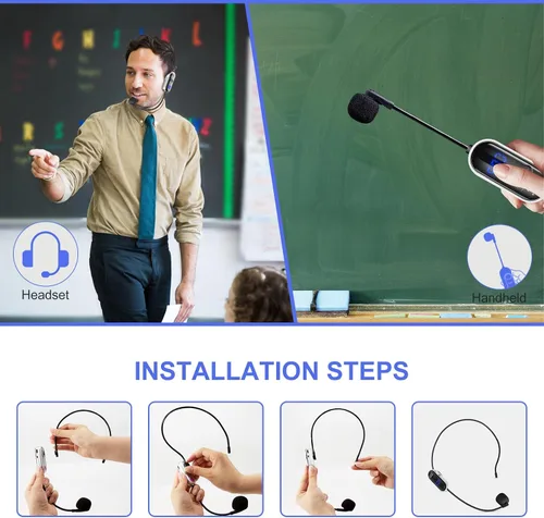 Vista 3 de Sistema de micrófono inalámbrico UHF para auriculares: Auriculares con micrófono - Pantalla digital LED, micrófono de cabeza y de mano 2 en 1