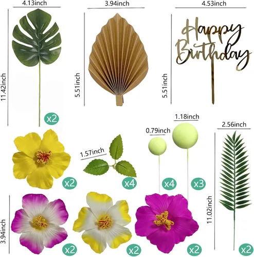 Vista 2 de 25 decoraciones de pastel hawaiano para decoración de pasteles de verano con bonitas figuras y hojas de palmera de flores de hibisco para fiestas