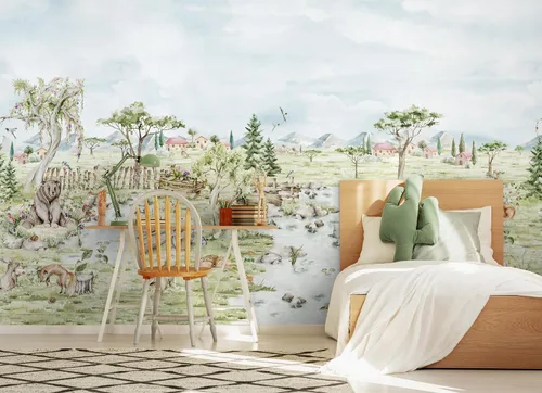 Vista 4 de Murwall Kids Woodland Animals Wall Mural Watercolor Village Wallpaper for Toddler Room Nursery Nature Wallpaper
