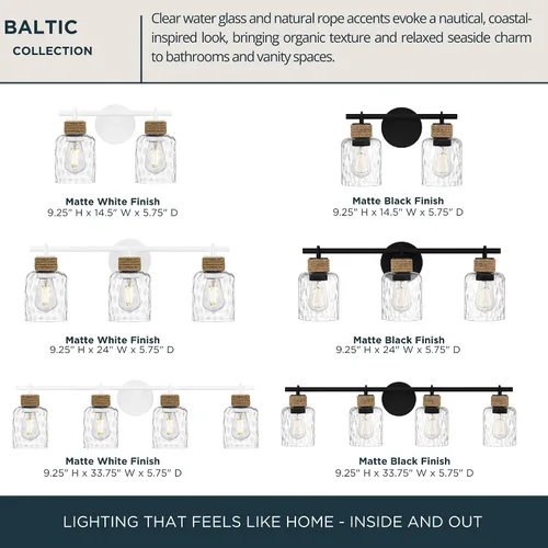 Vista 5 de Quoizel Naturals Baltic - Luces modernas de tocador de 14.5 pulgadas, 2 luces, estilo costero, color negro mate y cristal de agua transparente