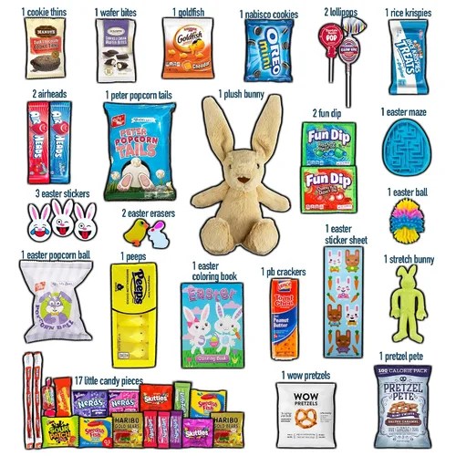 Vista 2 de Cesta de Pascua azul para niños y adultos (40 artículos) – Cesta de regalo llena de caramelos, bocadillos, golosinas y conejo de Pascua de peluche