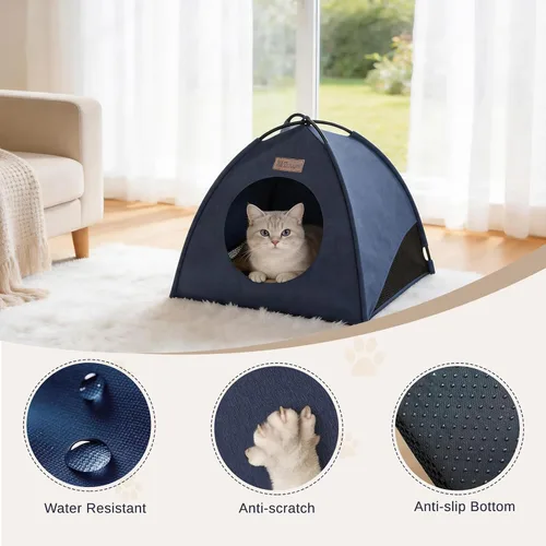Vista 5 de Tienda de campaña piramidal desplegable para gatos y gatos pequeños de hasta 6.6 libras, resistente al agua, transpirable, plegable, con cojín