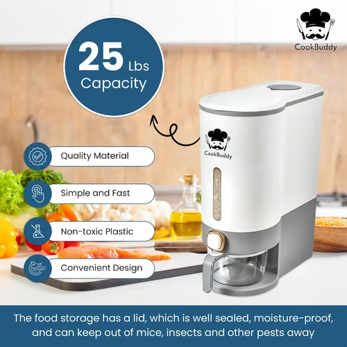 Vista 2 de CookBuddy Dispensador de arroz - Contenedor hermético de almacenamiento de arroz de 25 libras - Dispensador de granos