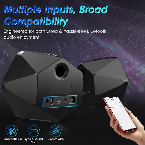 Vista 4 de Altavoces para juegos de computadora, altavoces de escritorio activos de 50 W con espejo infinito túnel 3D RGB (8 modos), Bluetooth 5.3, entrada