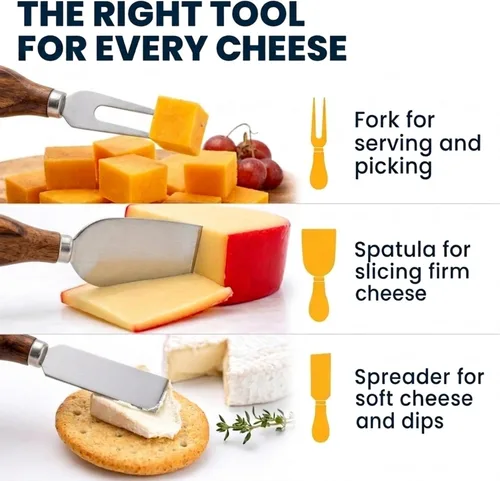 Vista 4 de Juego de cuchillos de queso de 3 piezas Acero inoxidable con asas de madera de acacia oscura Tenedor de queso, espátula y cuchillo esparcidor