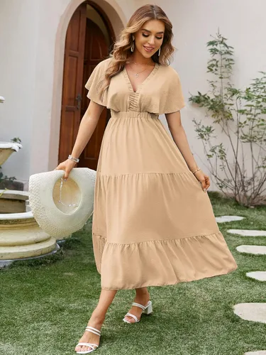 Vista 3 de Amegoya - Vestido largo casual de manga corta con cuello en V para mujer, diseño floral, estilo bohemio, para la playa, sesión de fotos, con volantes