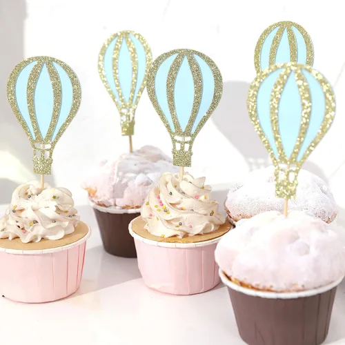 Vista 5 de 12 decoraciones para cupcakes de globo aerostático – Decoración para cupcakes con purpurina, decoración de baby shower, suministros de fiesta