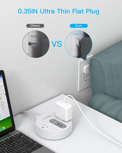 Vista 2 de Regleta protectora contra sobretensiones con 2 USB C, cable de extensión de enchufe ultra plano con 2 salidas de CA ampliamente y 3 USB, pequeña