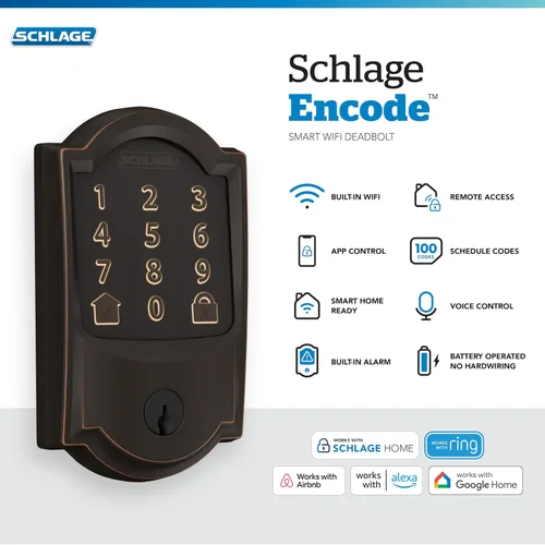 Vista 2 de Schlage - Cerradura inteligente Wi-Fi de codificación con borde Camelot en bronce envejecido