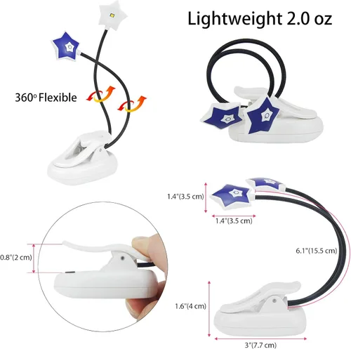 Vista 6 de LUXSWAY Paquete de 2 luces LED de lectura de libros, funciona con pilas, luz de libro para leer en la cama, 2 brillo ajustable para el cuidado