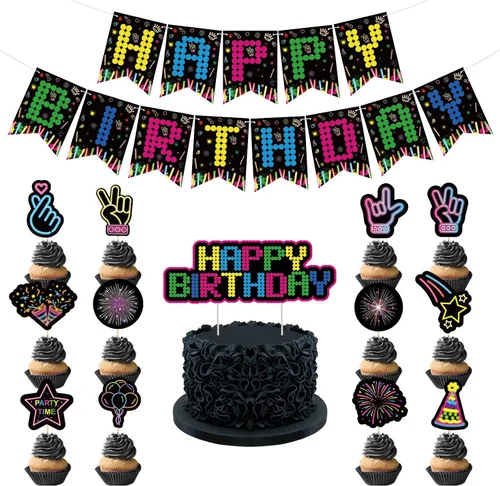 Vista 9 de 238 piezas de suministros de fiesta de neón que brillan en la oscuridad, decoraciones de fiesta de luz negra, juego de vajilla para fiesta, platos