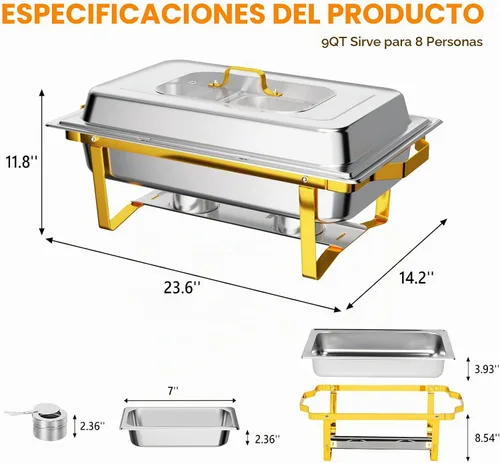Vista 8 de ROVSUN Platos dorados para bufé, juego de bufé de 9 cuartos con tapa de vidrio, servidores y calentadores de bufé de acero inoxidable con marco