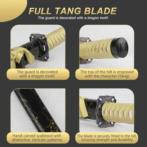 Vista 5 de Espada katana japonesa samurái – Hoja de espiga completa de acero al carbono real sin afilar, espada tradicional de práctica de Iaido