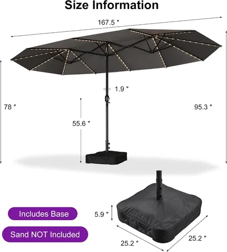 Vista 35 de PURPLE LEAF - Sombrilla de mercado de patio de 13 pies con base rectangular doble cara, sombrilla de mesa para exteriores con manivela, 12 varillas