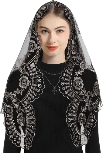 Vista 2 de Bozidol Mantilla triangular con velo de iglesia Cruz de cáliz bordado, velo de misa católica vintage para mujer