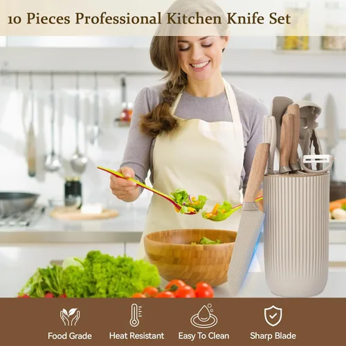 Vista 15 de Juego de cuchillos de cocina profesionales de 10 piezas con bloque universal de cuchillos, herramientas de cocina antiadherentes resistentes al Caqui