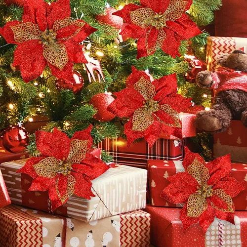 Vista 5 de Juego de 20 flores de pascua de 8.7 pulgadas de ancho, 3 capas de flores de Pascua rojas con purpurina, adornos para árbol de Navidad rojo, coronas