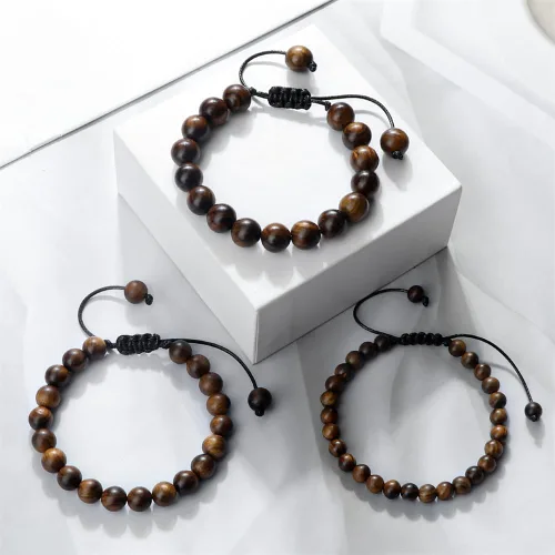 Vista 5 de Razcus - Pulsera de cuentas de palisandro negro vintage para hombre, 680.394 in, redondas, de madera, pulseras elásticas para meditación para oración