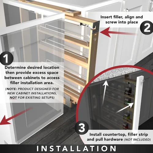 Vista 7 de Rev-A-Shelf Base Filler - Estante organizador extraíble para armarios de cocina y baño con apertura de 3 pulgadas, rodamientos de bolas, toboganes