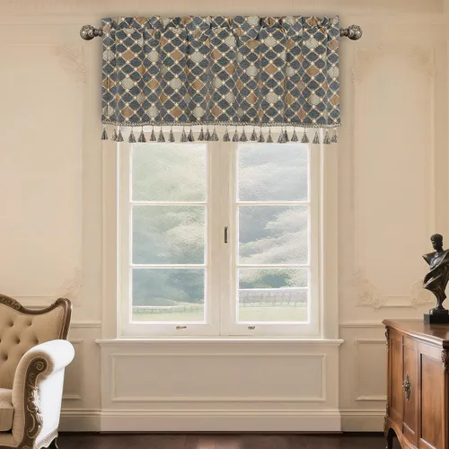 Vista 16 de Loom and Mill Cenefas de jacquard de lujo para ventana de sala de estar, elegante cenefa de cortina de damasco beige con ribete de cuentas, cortina