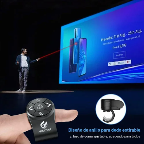Vista 4 de AMERTEER Clicker de presentación inalámbrico Bluetooth para presentaciones de PowerPoint, RF 2.4GHz Finger Ring Remote, PPT Slides Recargable