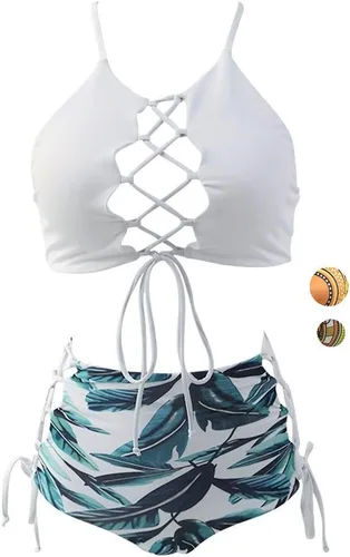 Vista 7 de Bikini africano sin espalda para mujer, traje de baño tankini de cintura alta, traje de baño con correa